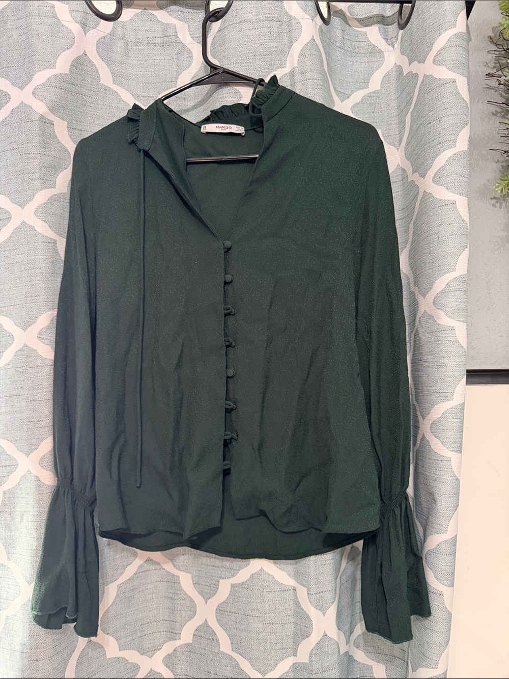 Mango Forest Green Ruffle Tie-Neck Blouse